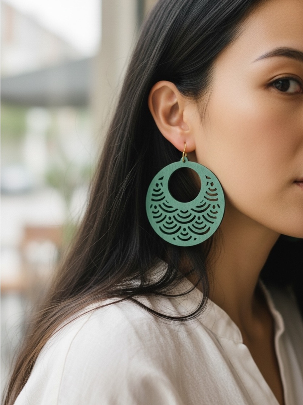 🆕 Plunder Teal Cutout Wave Wooden Hoop Earrings